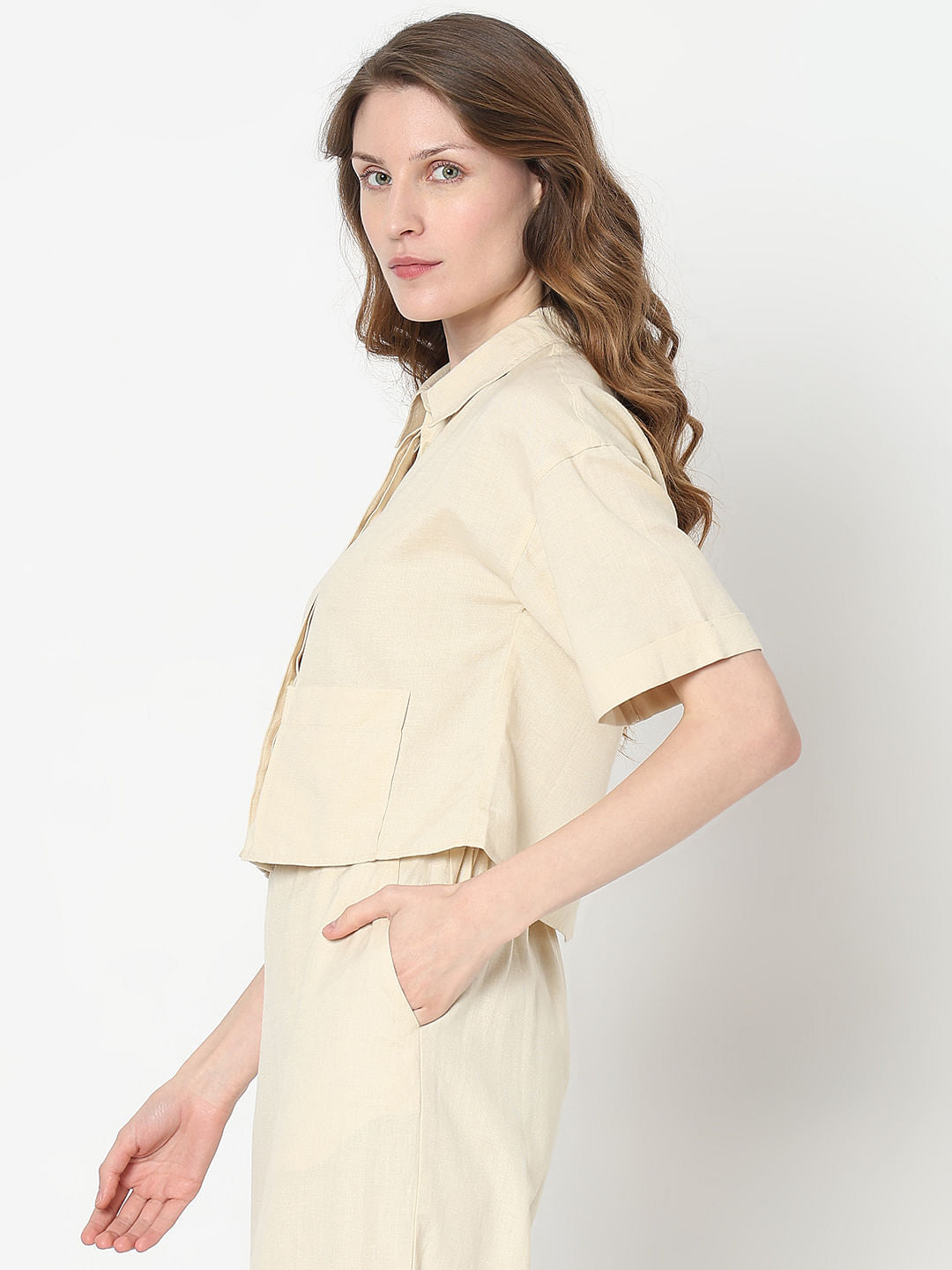 Beige Cropped Co-Ord Set Shirt
