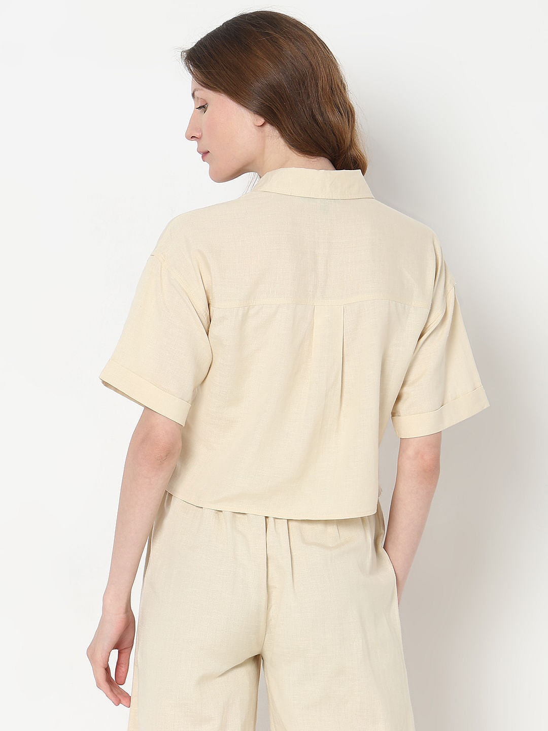 Beige Cropped Co-Ord Set Shirt
