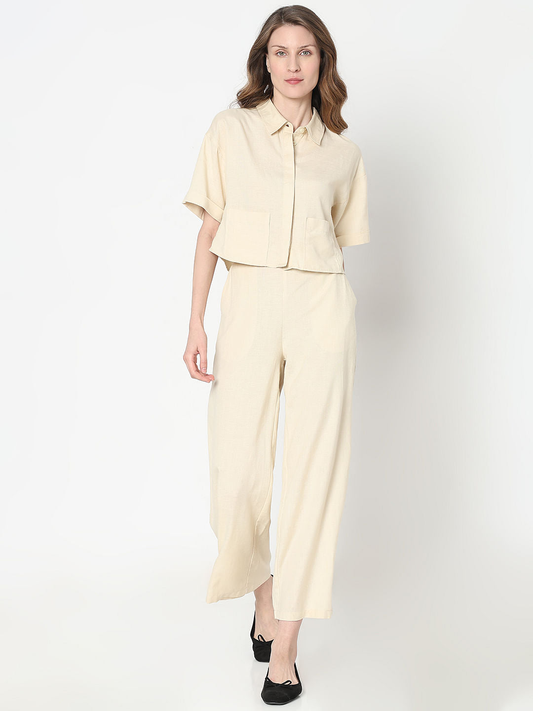 Beige Cropped Co-Ord Set Shirt