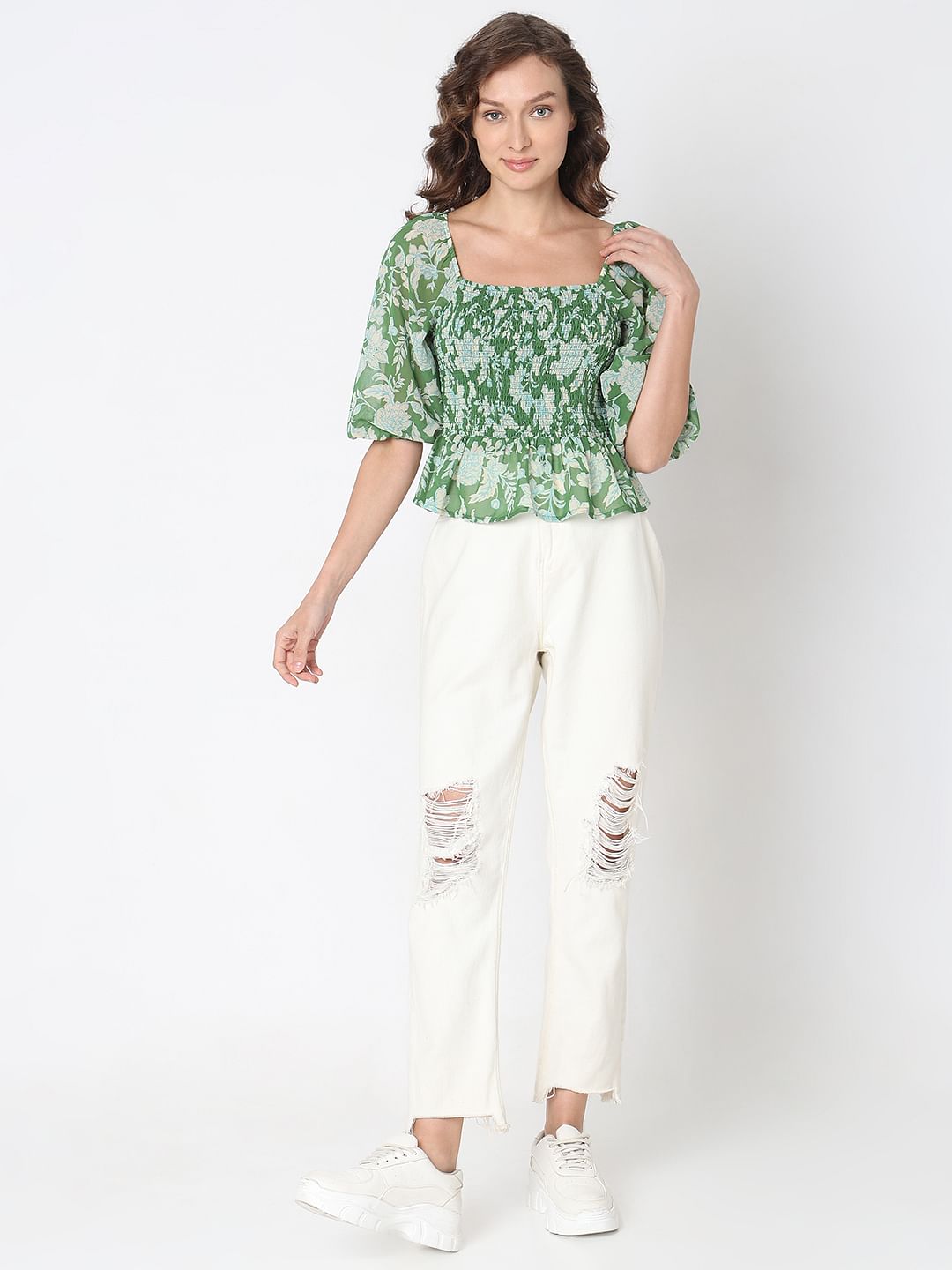 Green Floral Smocked Top