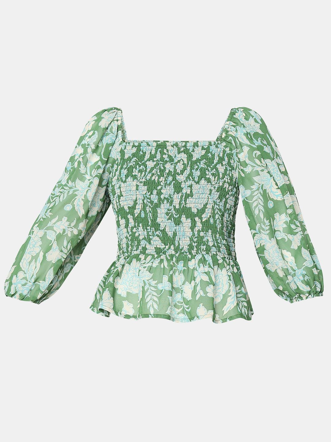 Green Floral Smocked Top