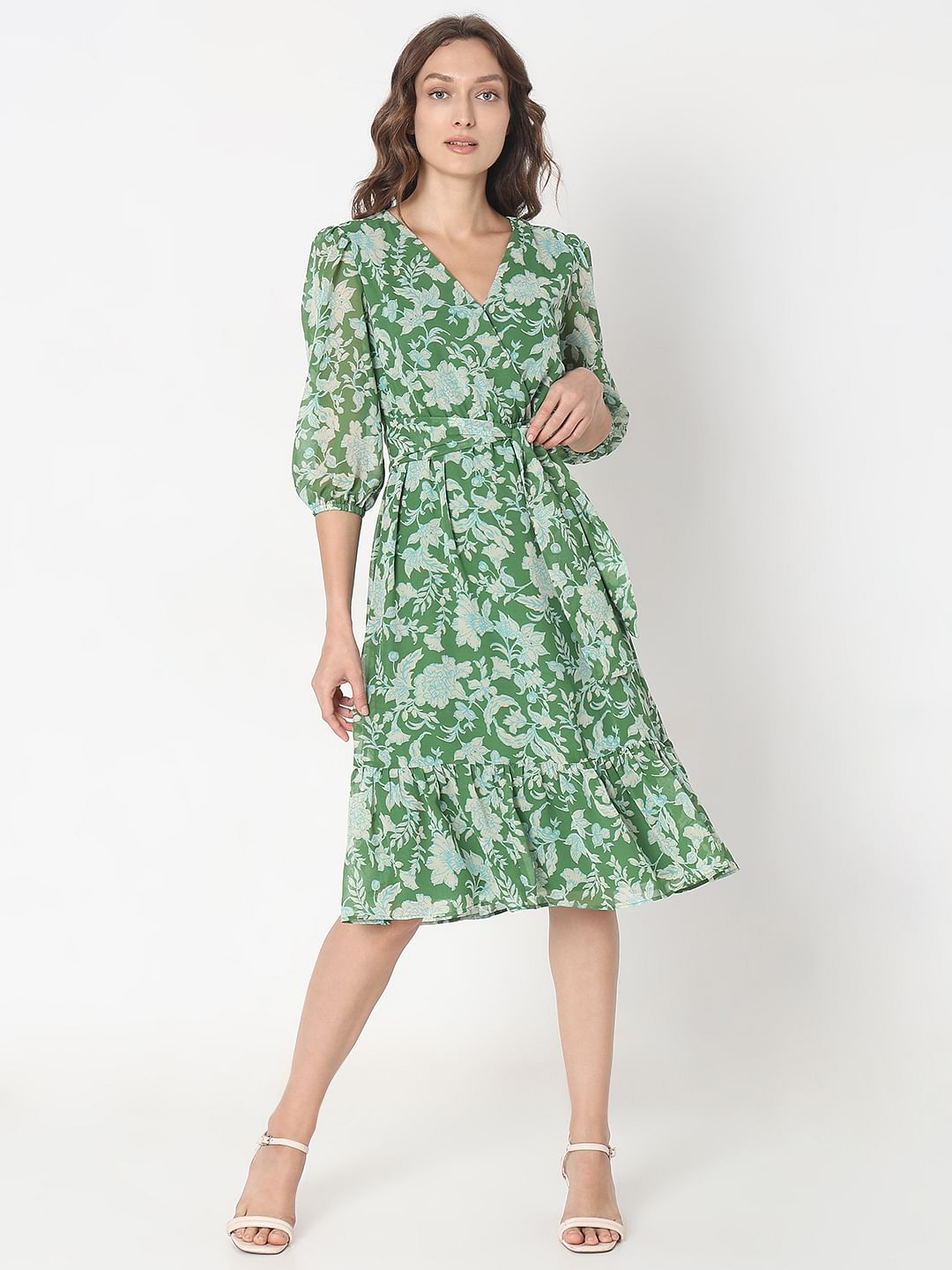Green Floral Print Midi Dress