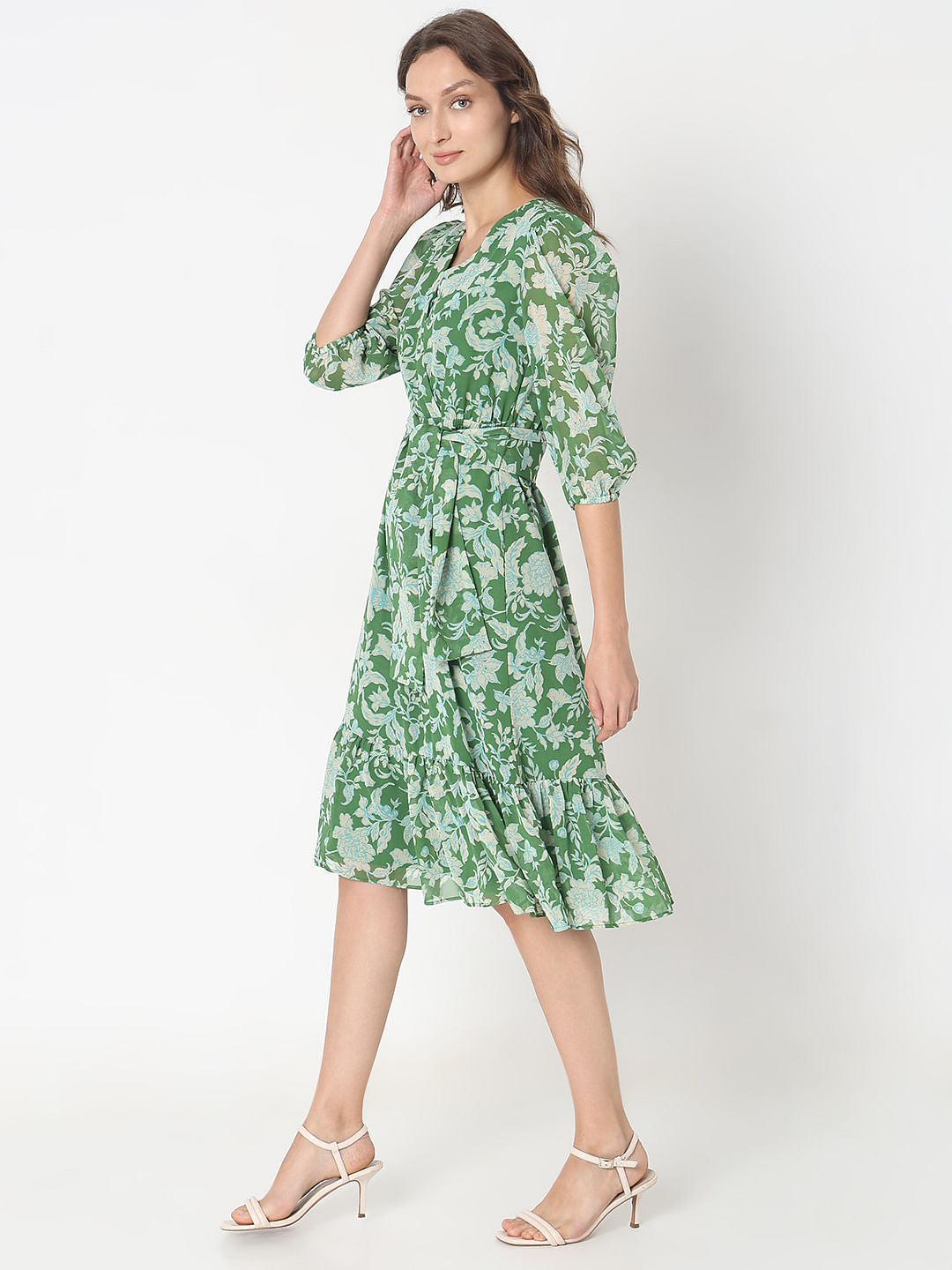 Green Floral Print Midi Dress