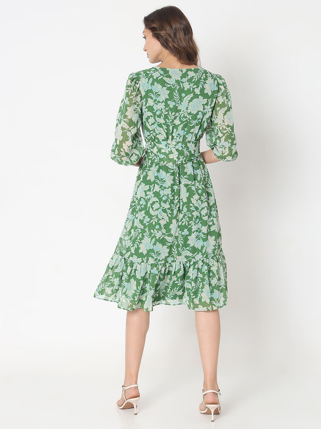 Green Floral Print Midi Dress
