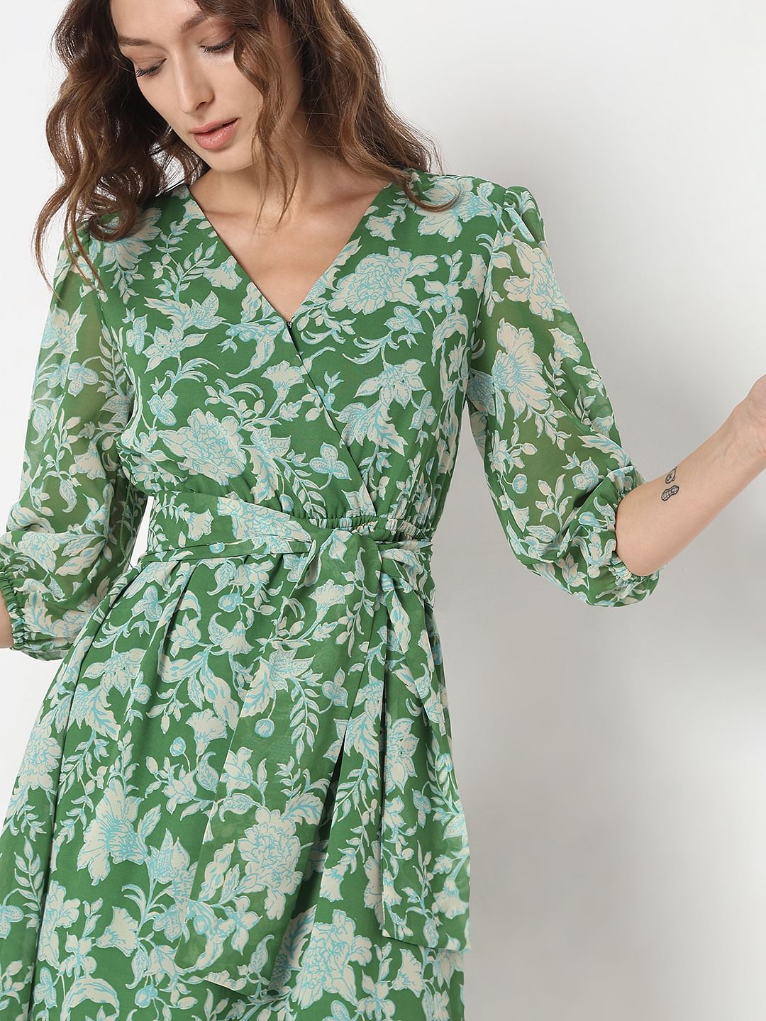 Green Floral Print Midi Dress