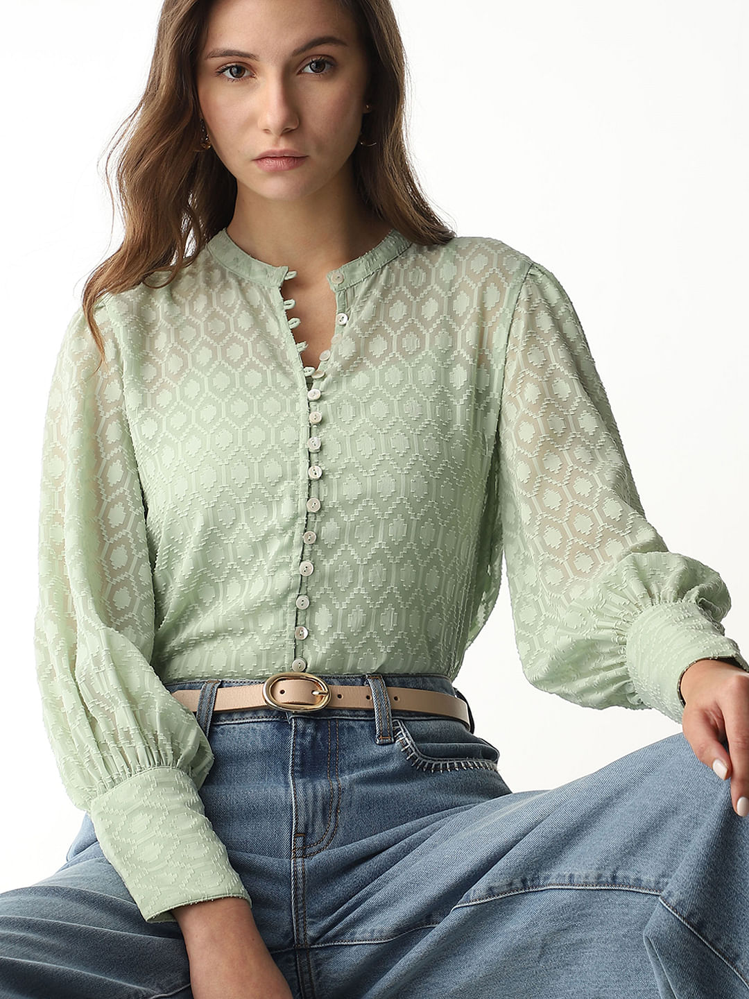 Light Green Sheer Printed Tops