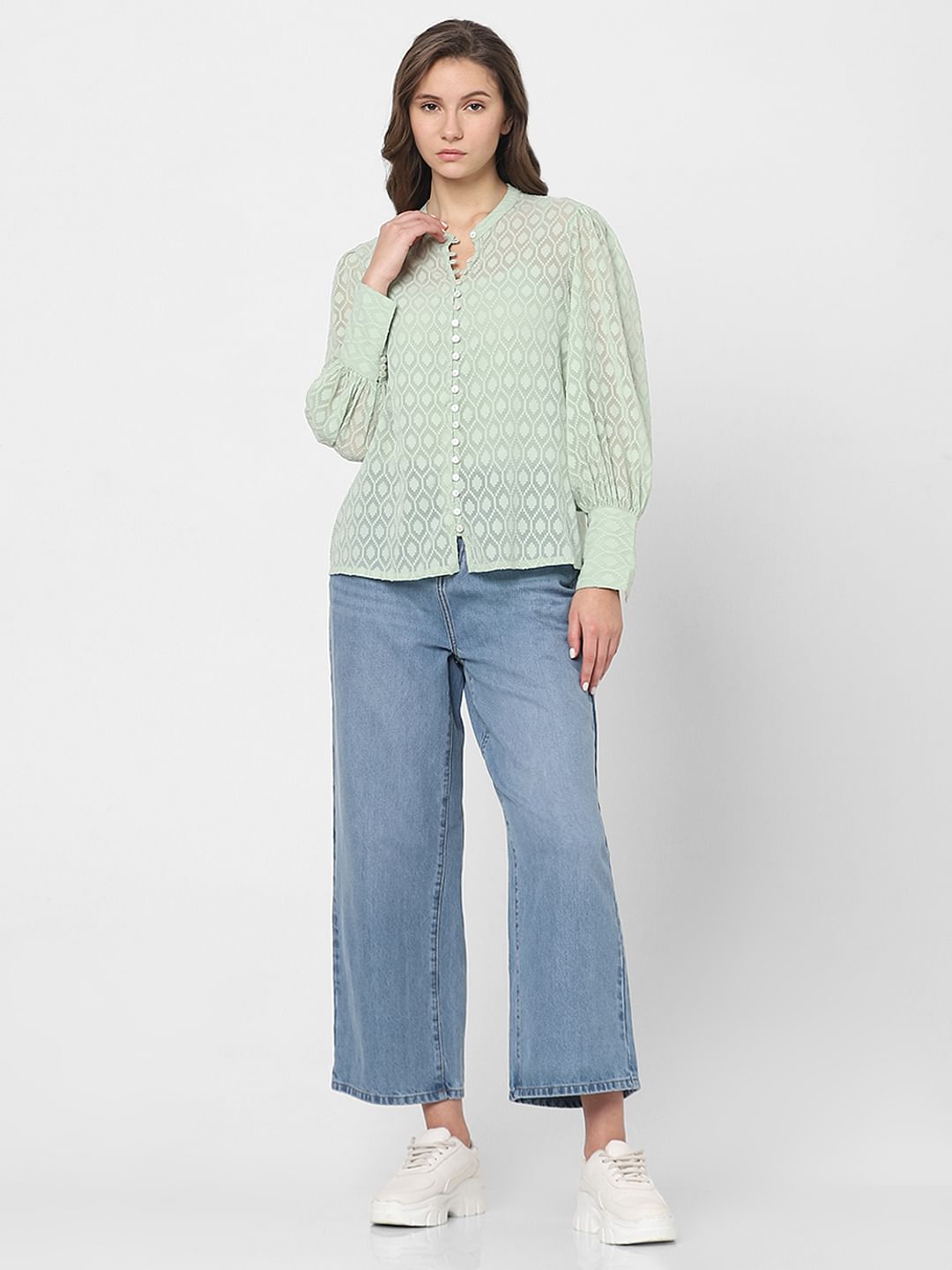 Light Green Sheer Printed Tops