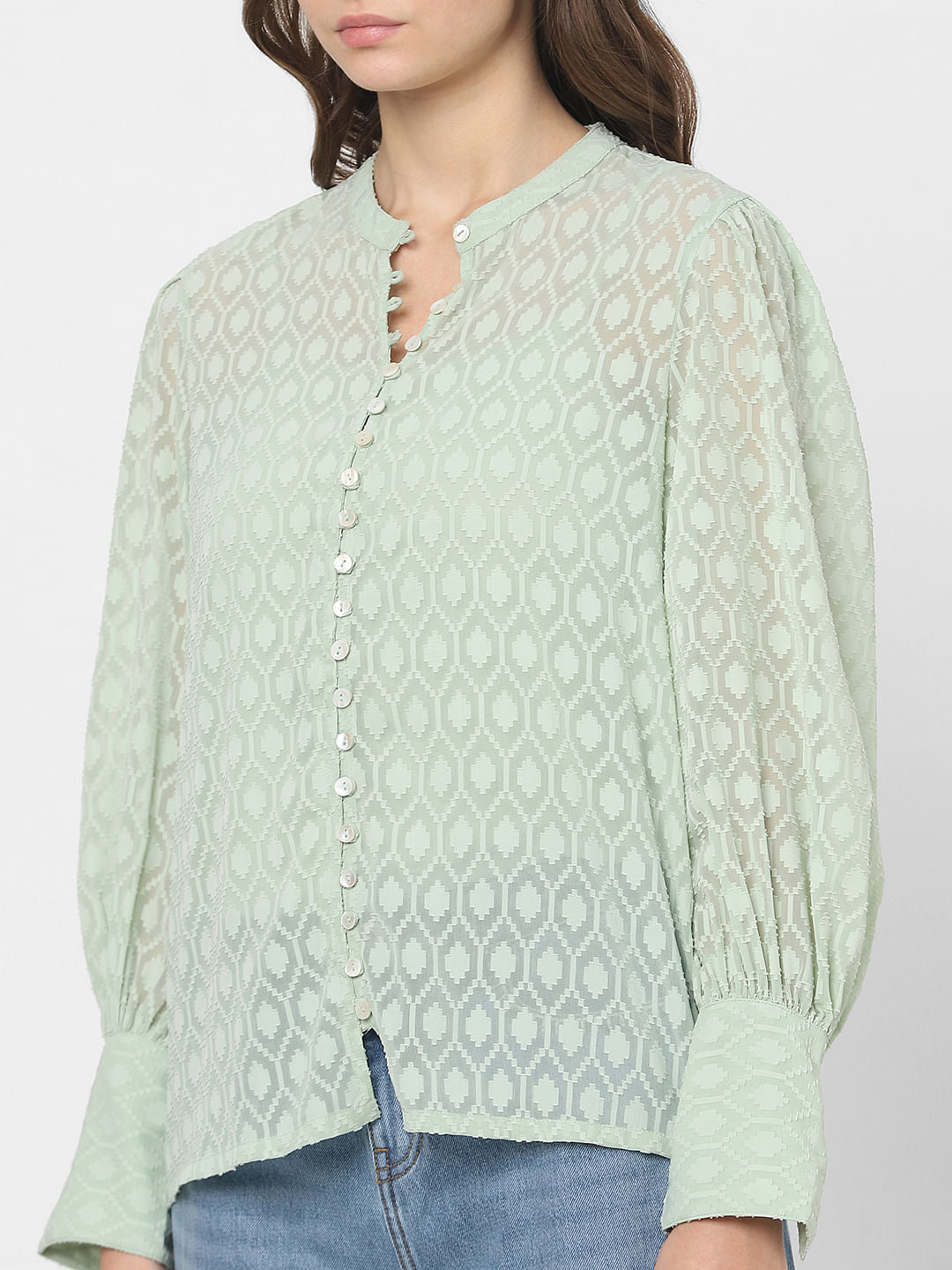 Light Green Sheer Printed Tops
