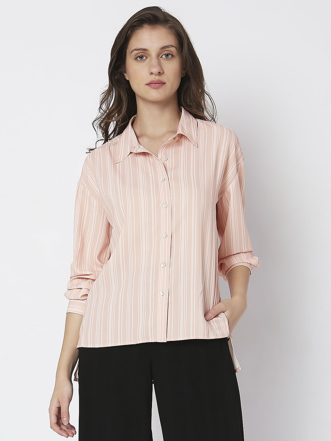 Peach Striped High-Low Shirt