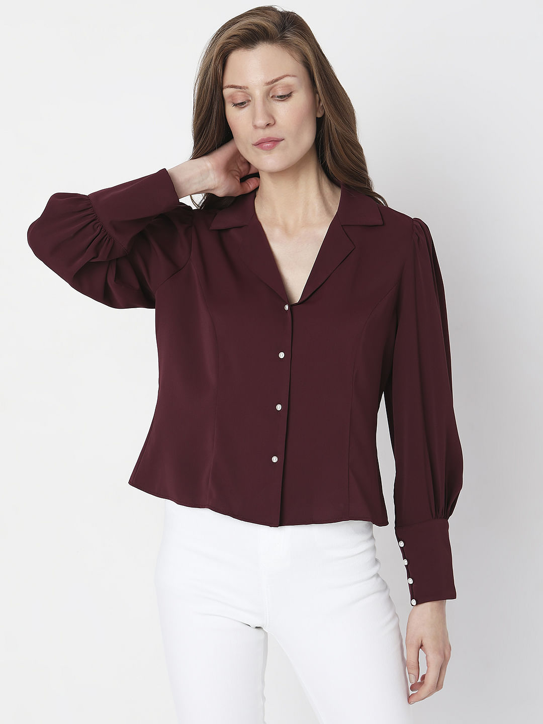 Wine Lapel Collar Shirt