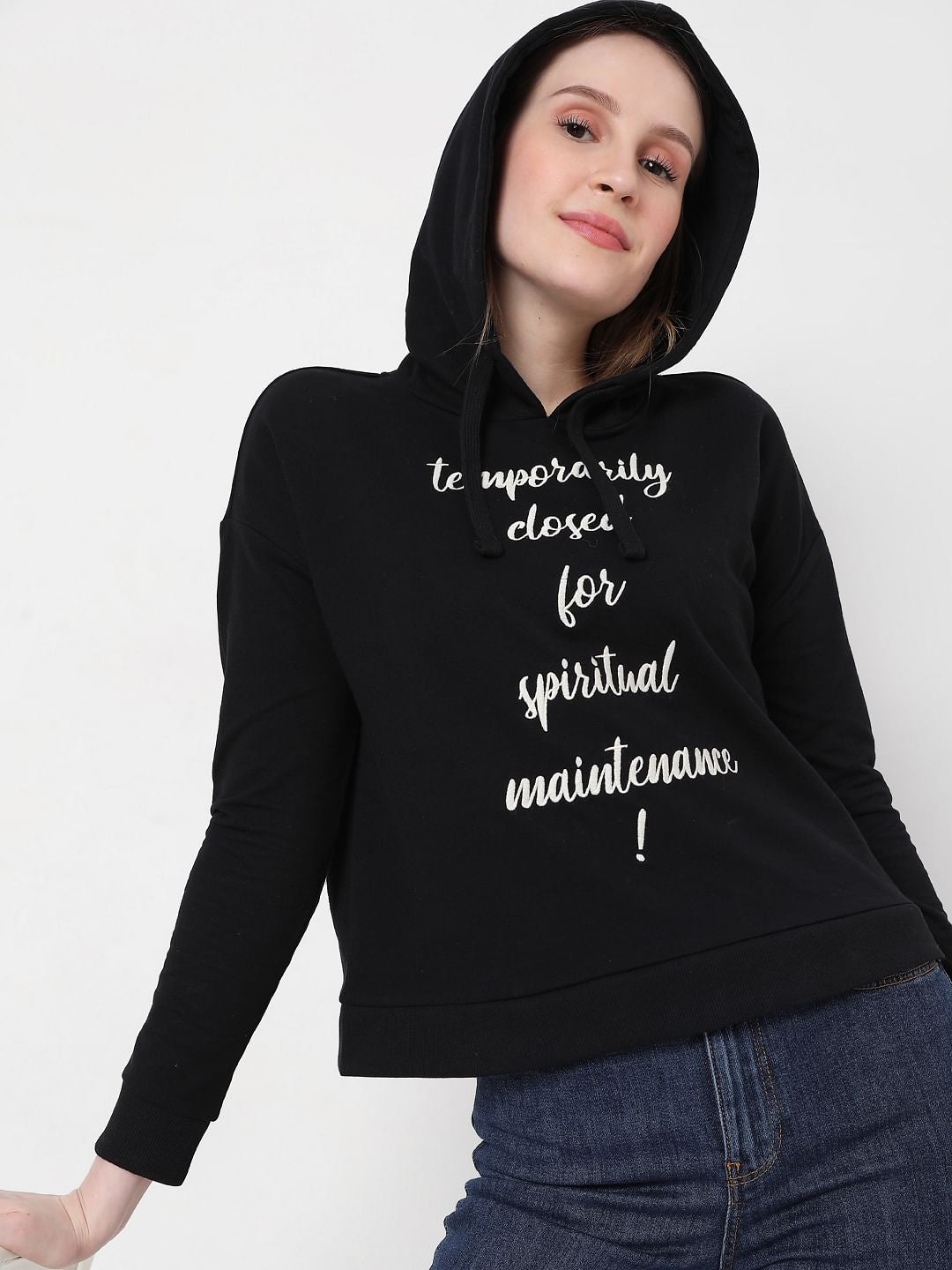 Black Slogan Print Hooded Sweatshirt