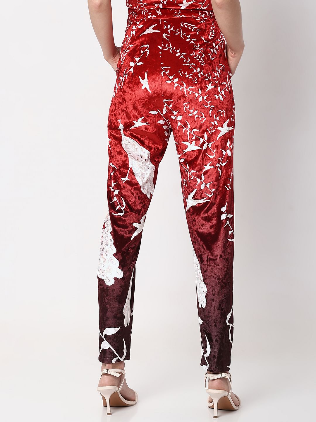 Red High Rise Printed Velvet Pants
