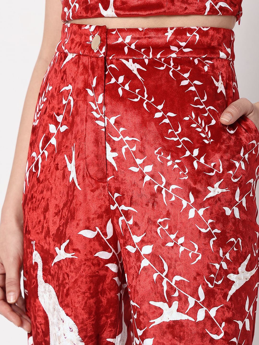 Red High Rise Printed Velvet Pants
