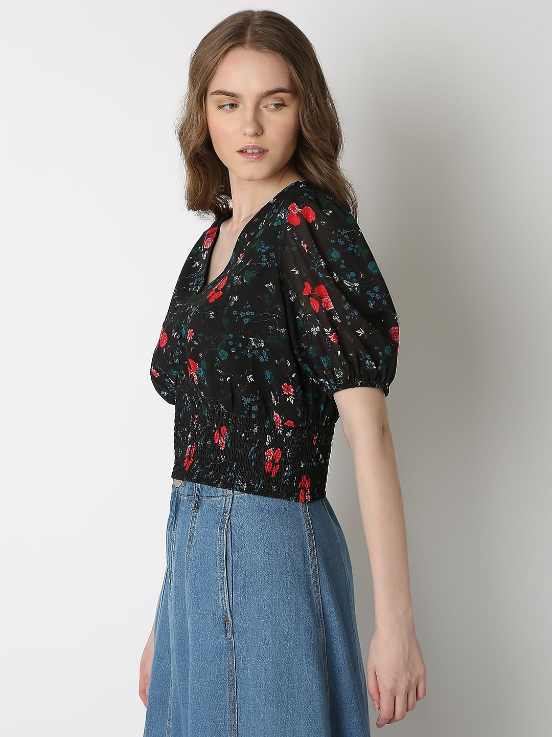 Black Printed Smocked Top