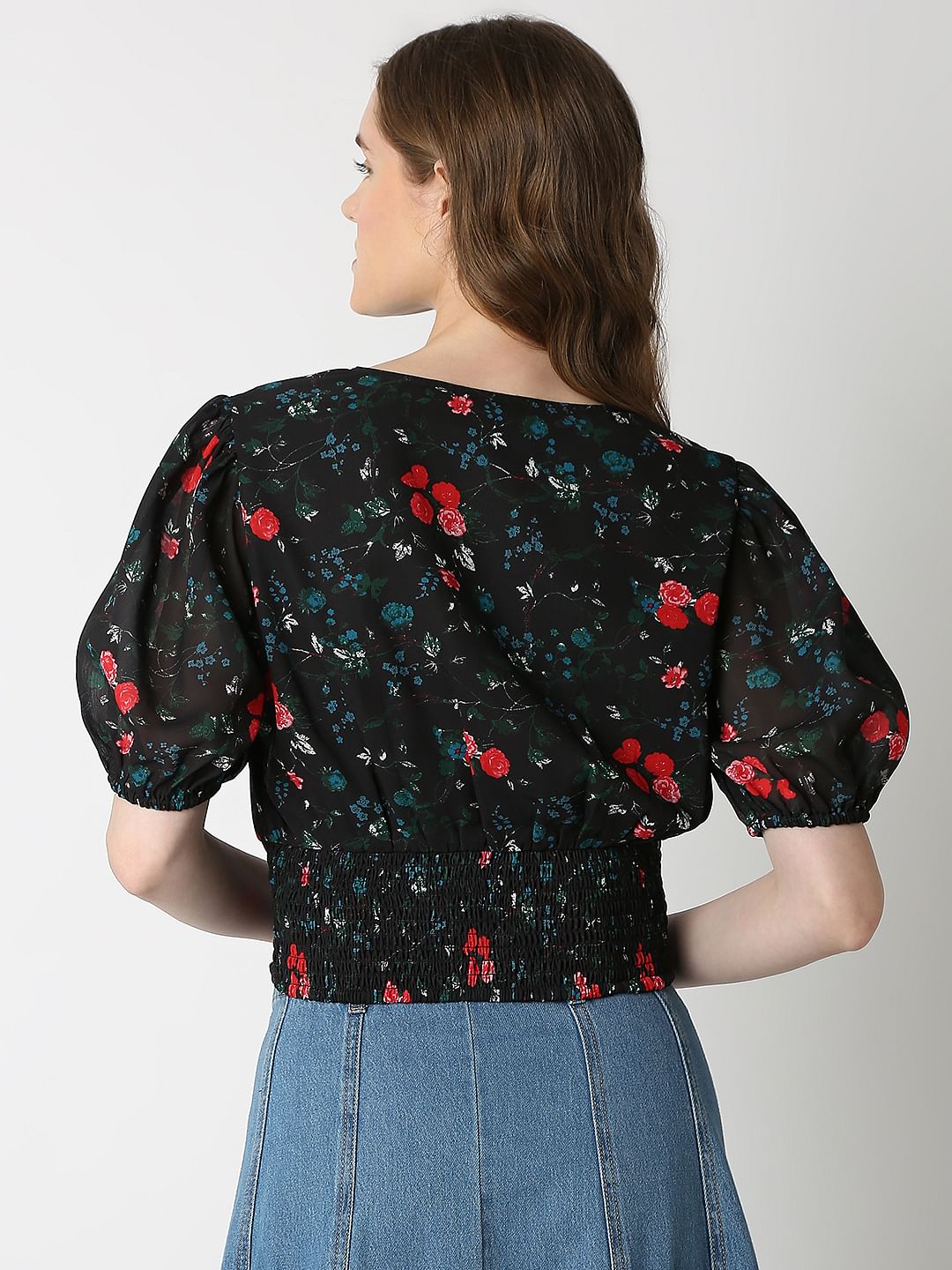 Black Printed Smocked Top