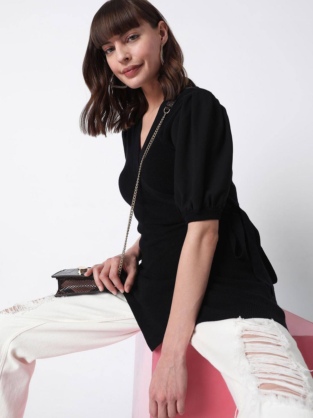 Black Ribbed Puff Sleeves Top