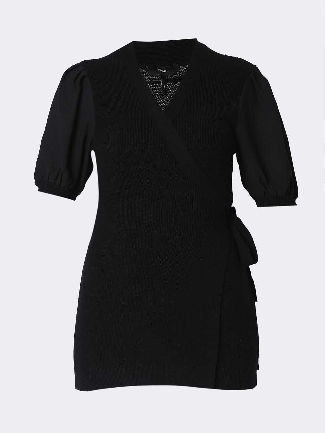 Black Ribbed Puff Sleeves Top