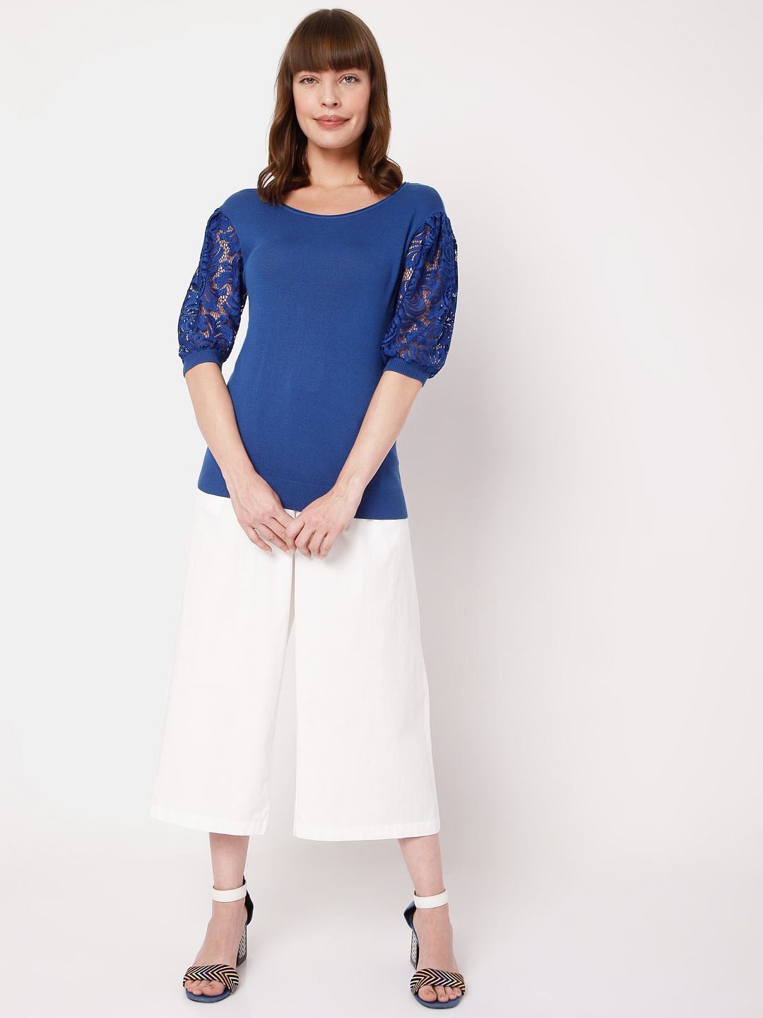 Blue Lace Sleeves Top
