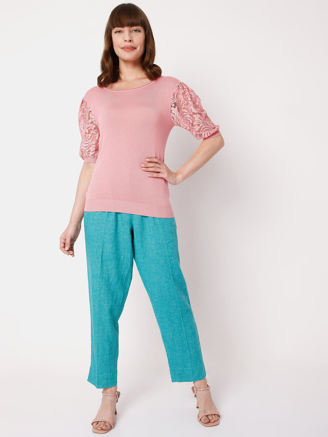 Pink Lace Sleeves Top