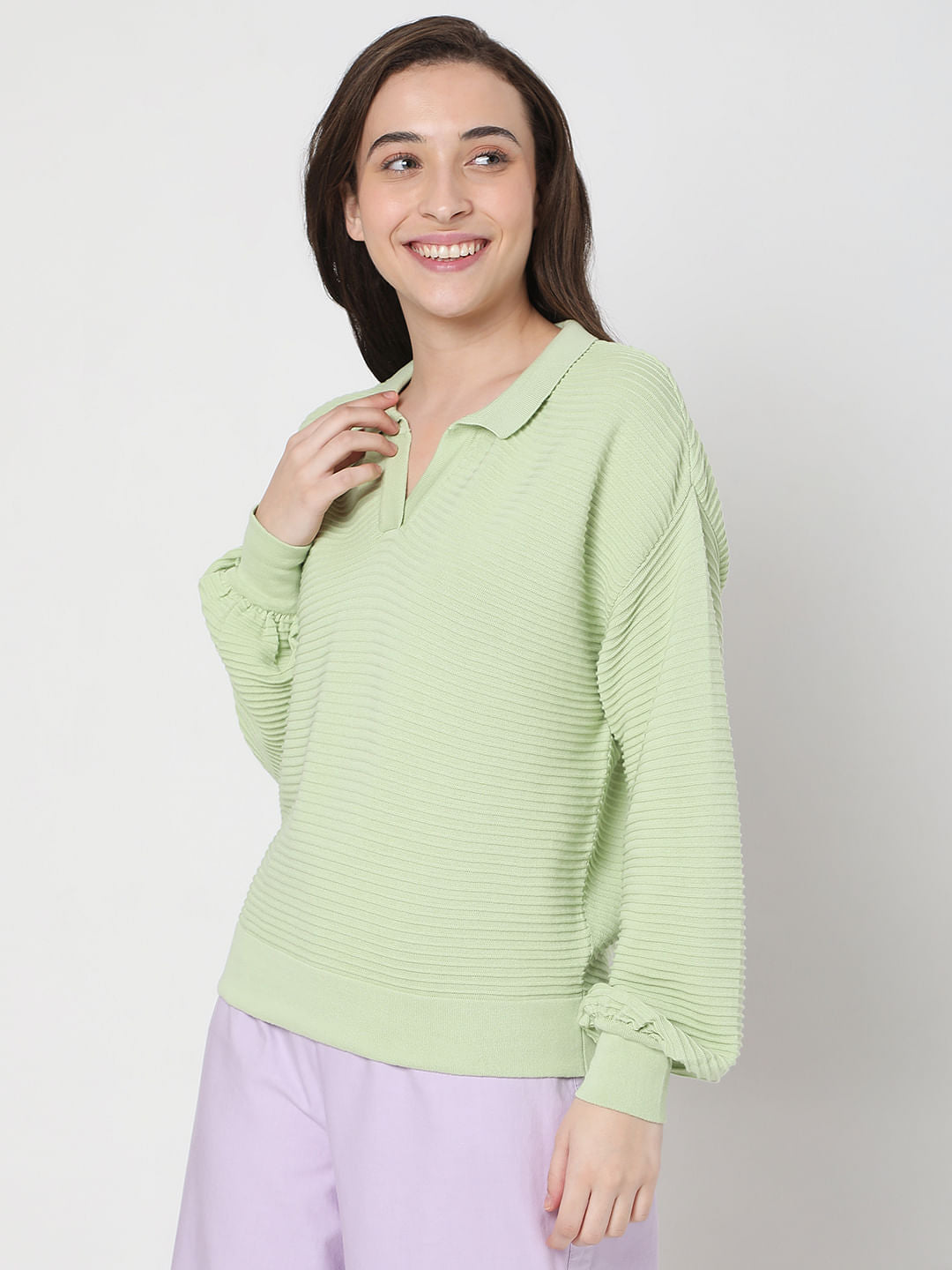 Light Green Striped Co-Ord Set Polo T-Shirt