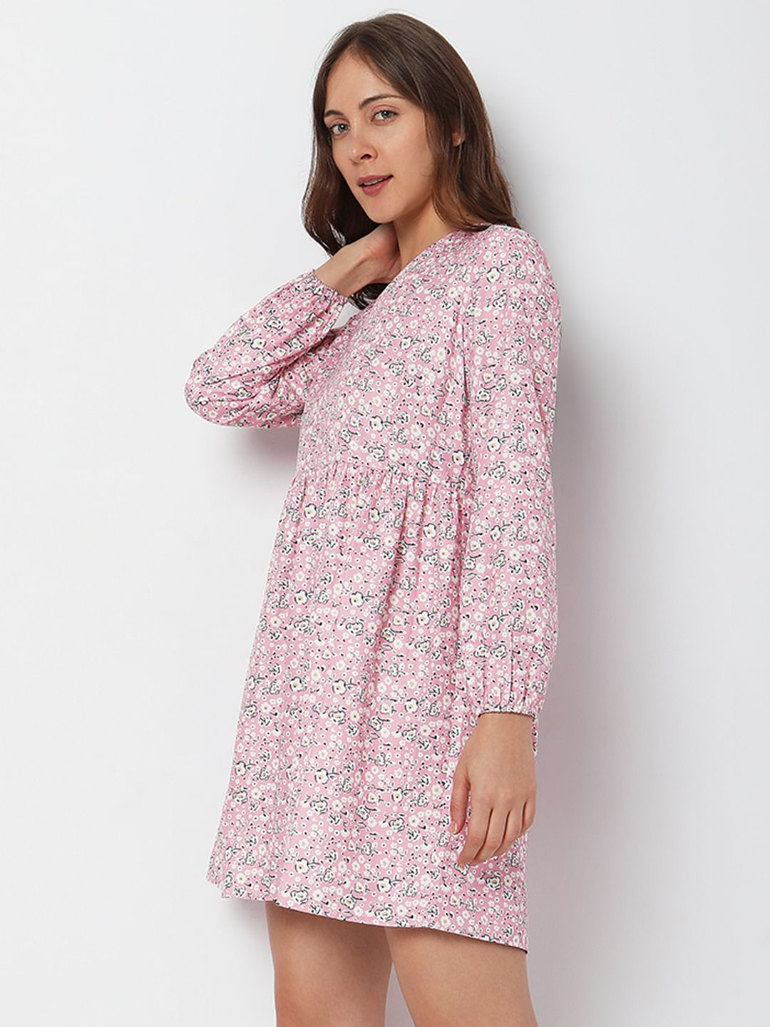 Pink Floral Print Mini Dress