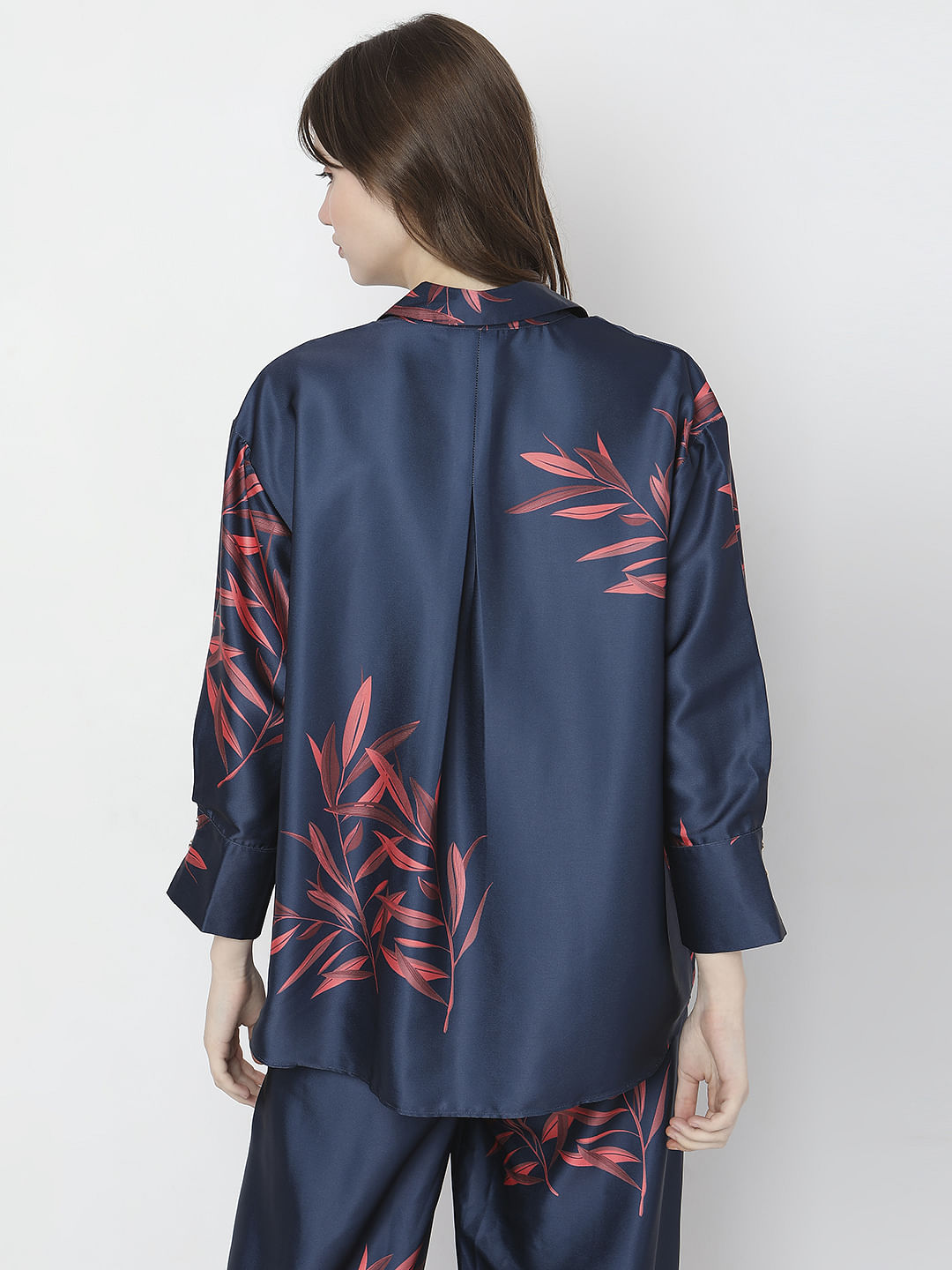 Navy Blue Floral Satin Co-Ord Set Shirt