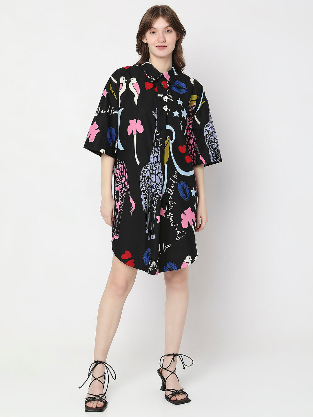 Black All Over Printed Shirt Dress