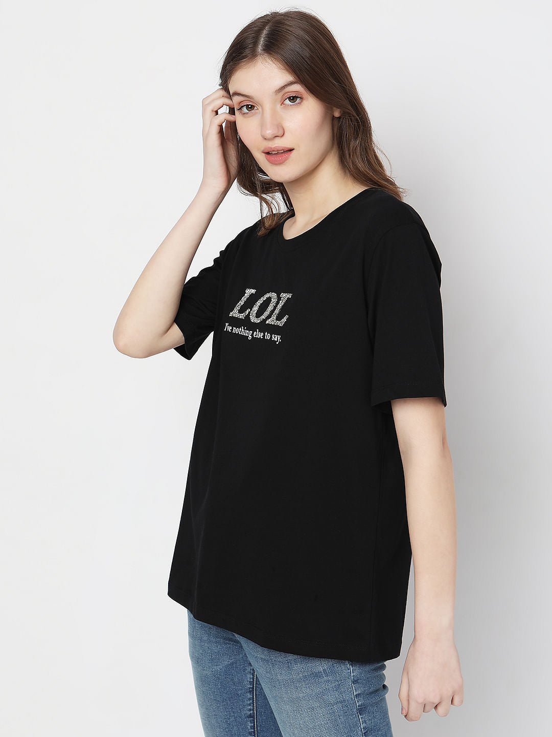 Black Embellished Text Print T-Shirt