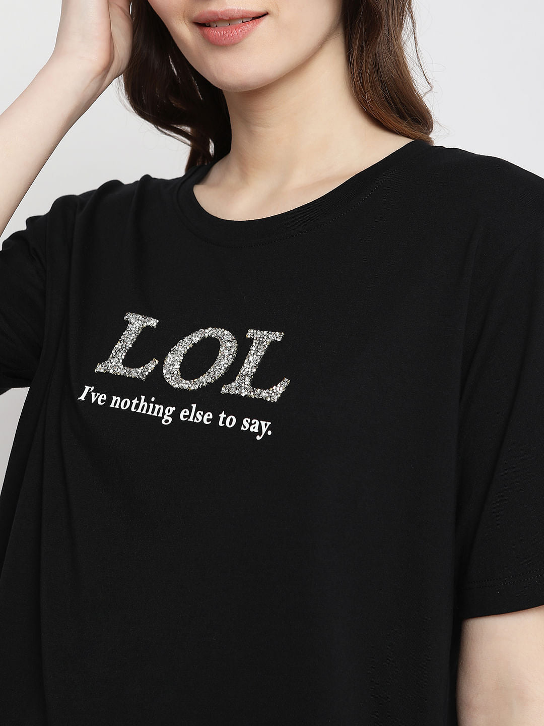 Black Embellished Text Print T-Shirt