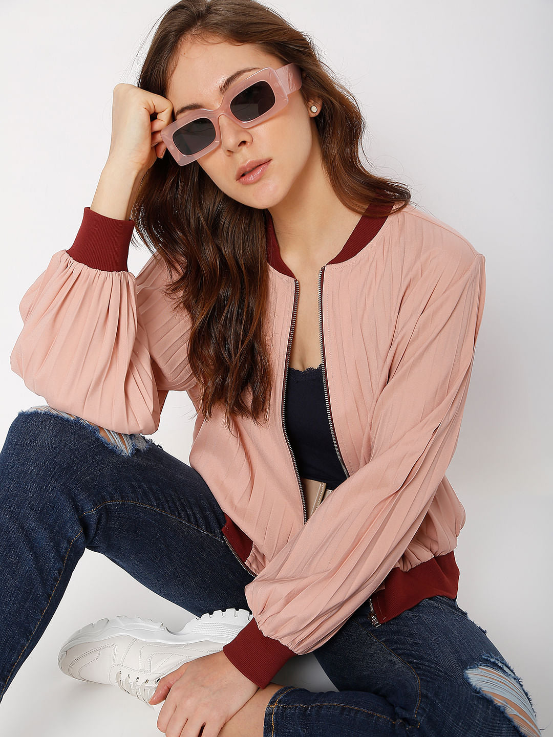 Pink Pleated Bomber Jacket
