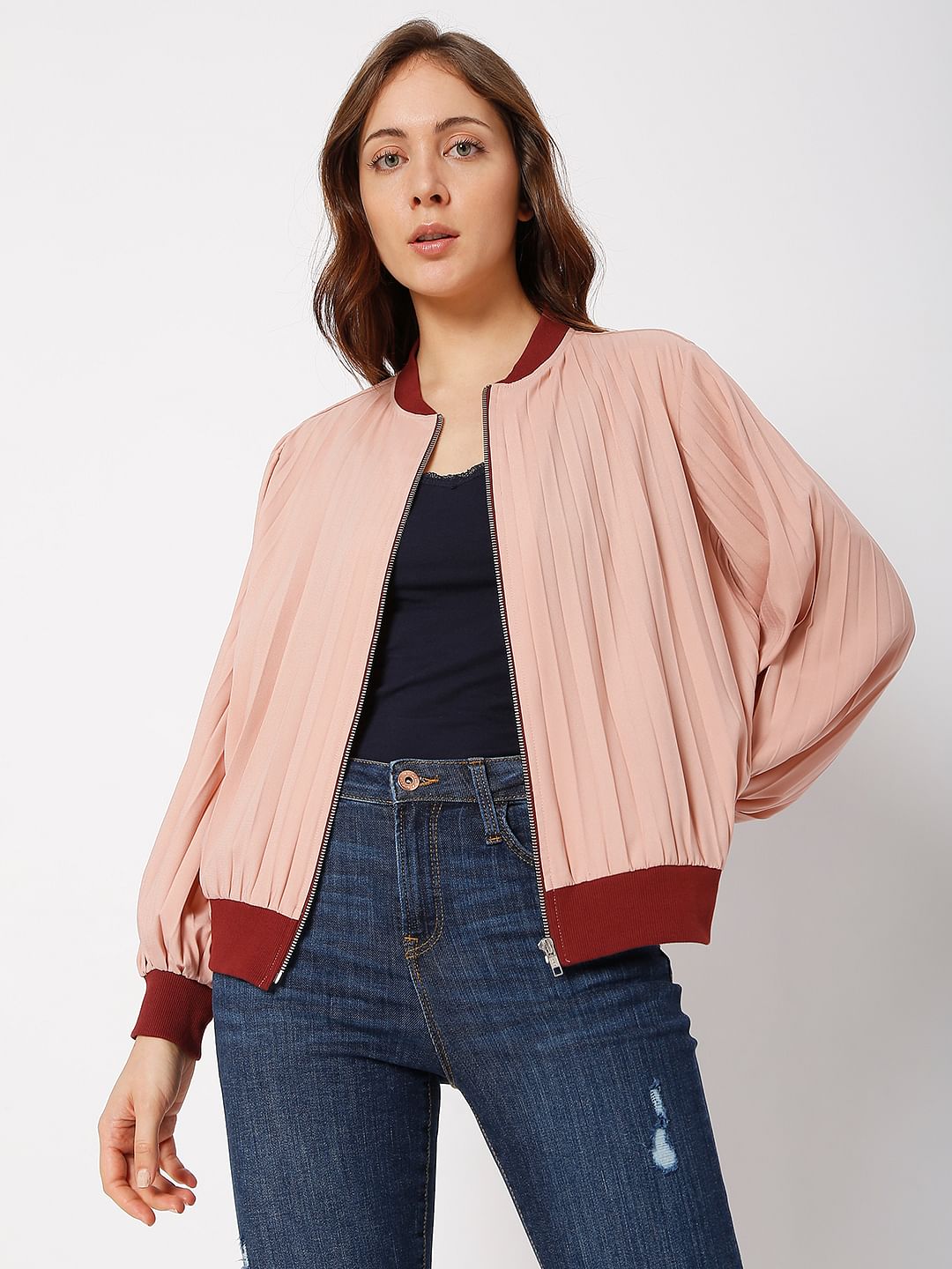 Pink Pleated Bomber Jacket