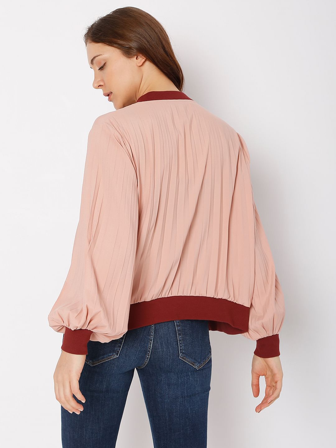 Pink Pleated Bomber Jacket