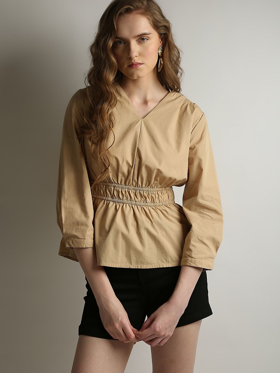 Beige Cotton Peplum Top