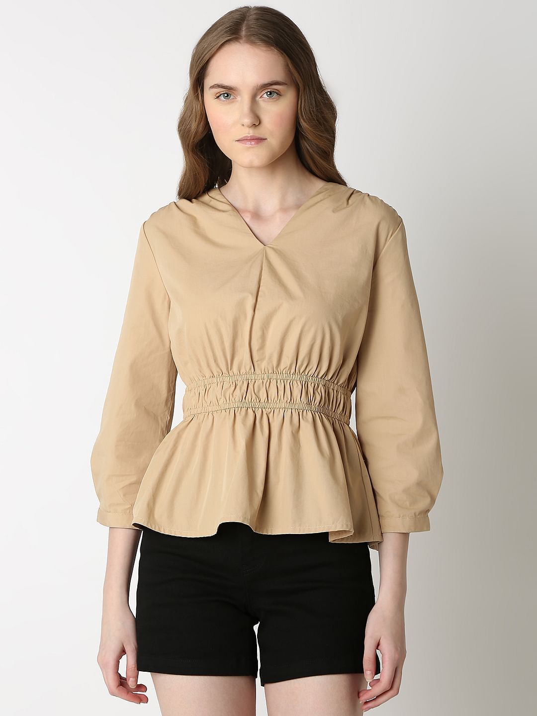 Beige Cotton Peplum Top