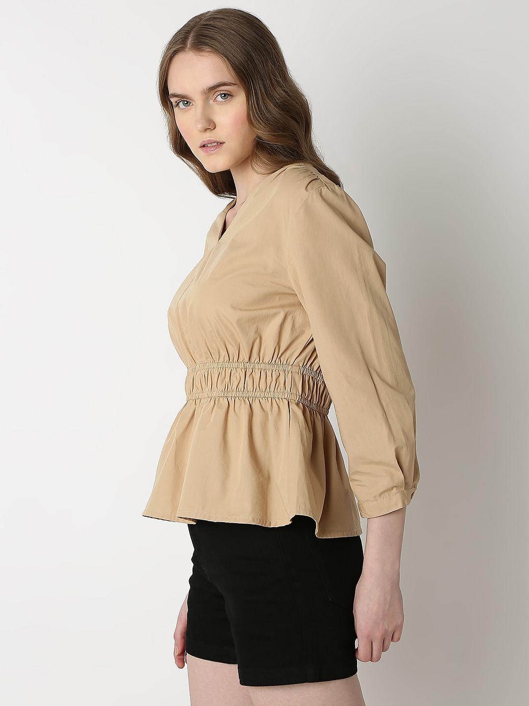 Beige Cotton Peplum Top