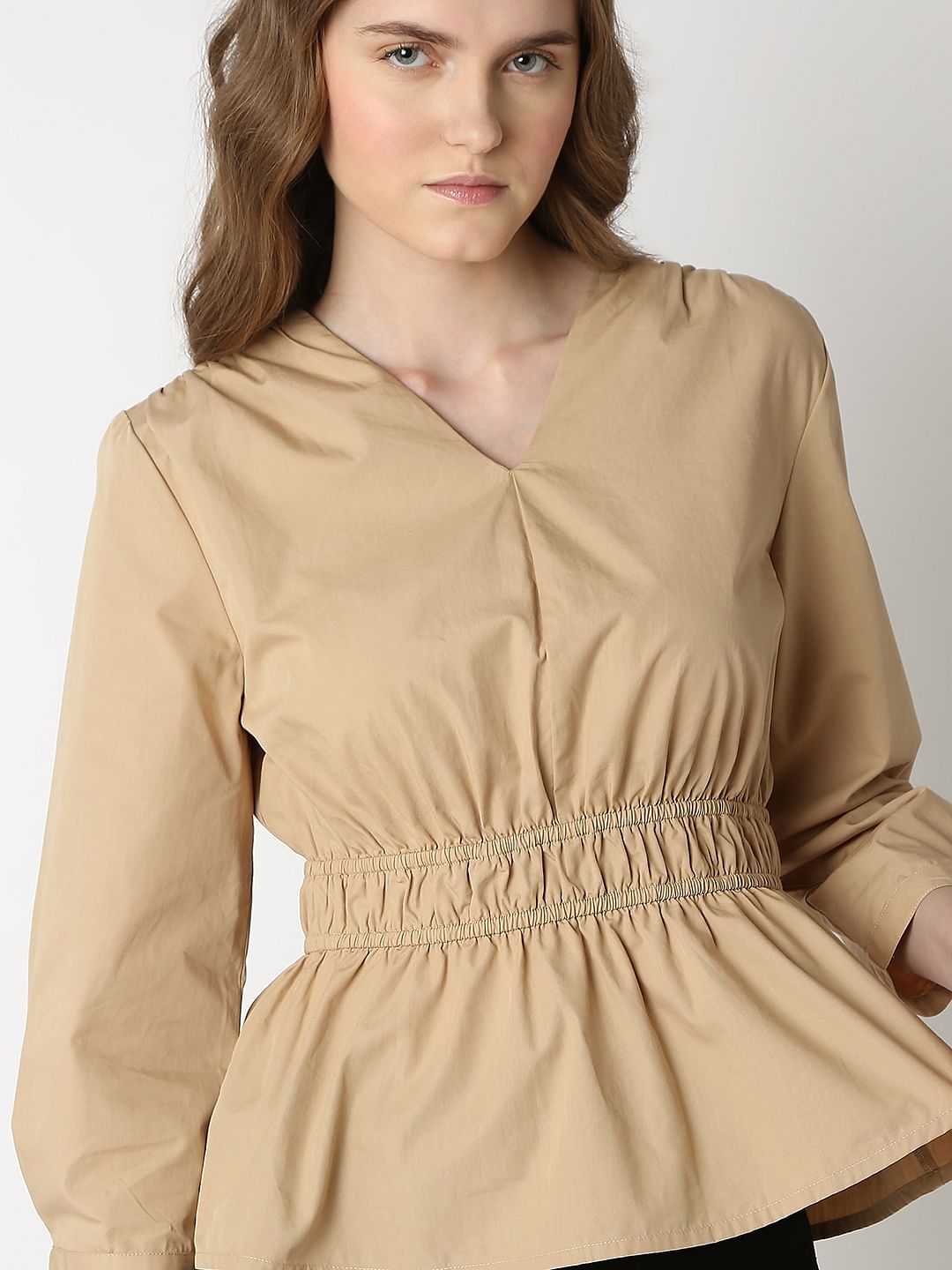 Beige Cotton Peplum Top