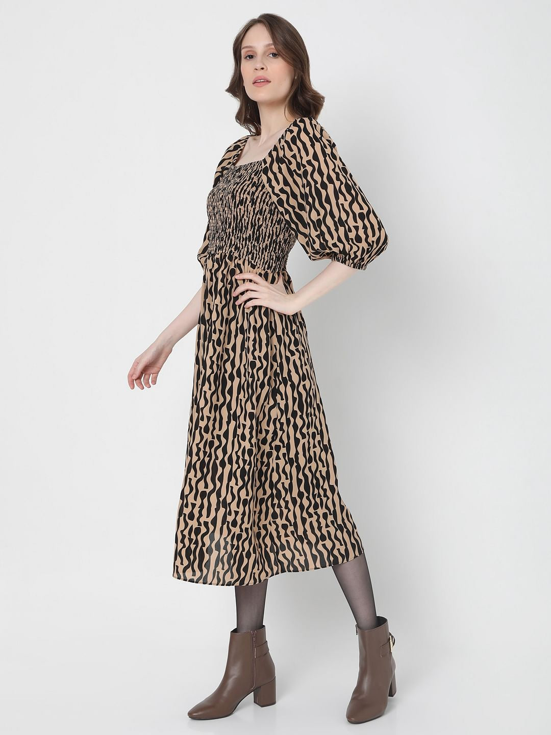 Brown Abstract Print Midi Dress