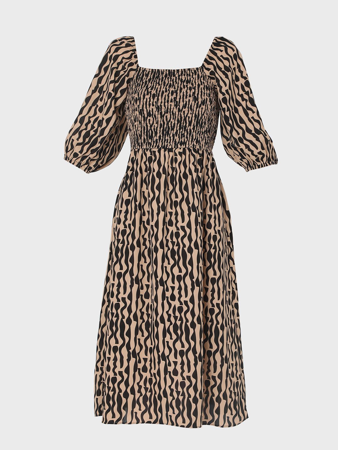 Brown Abstract Print Midi Dress