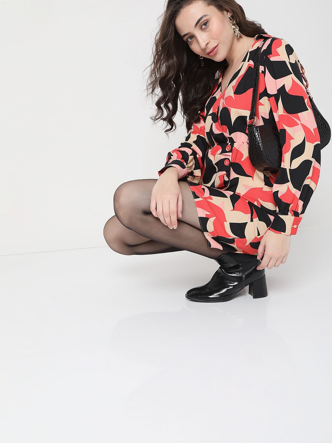 Beige Abstract Print Fit & Flare Dress