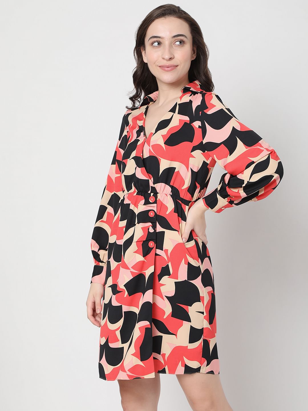 Beige Abstract Print Fit & Flare Dress