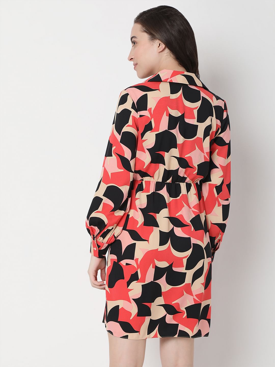 Beige Abstract Print Fit & Flare Dress