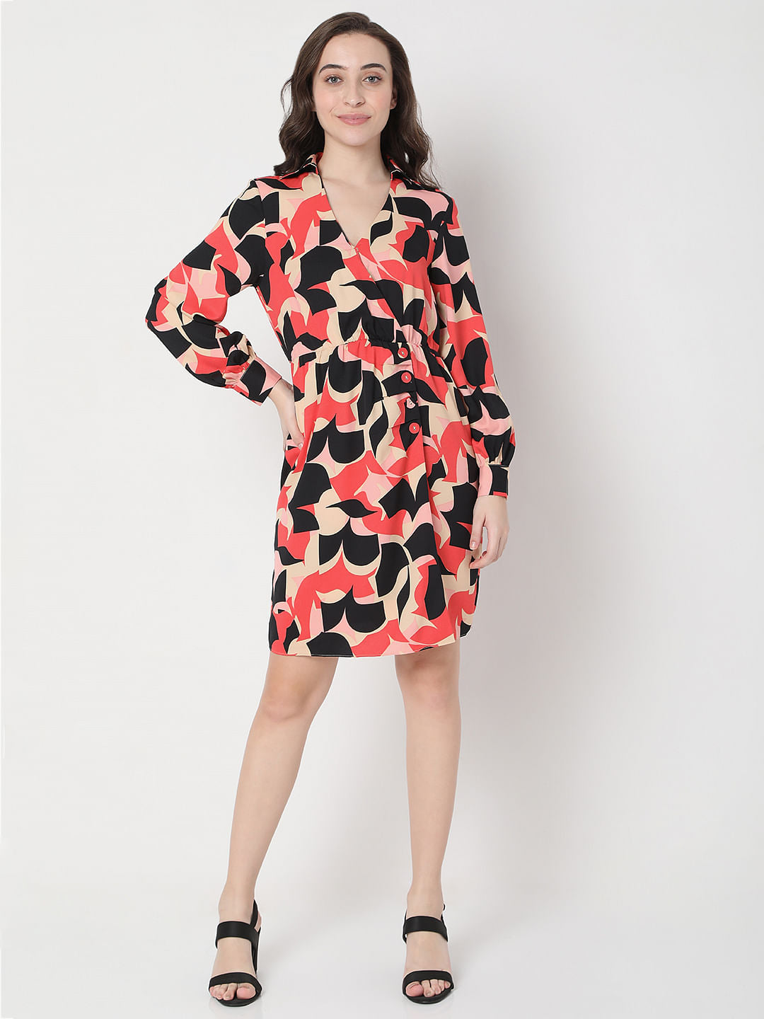 Beige Abstract Print Fit & Flare Dress