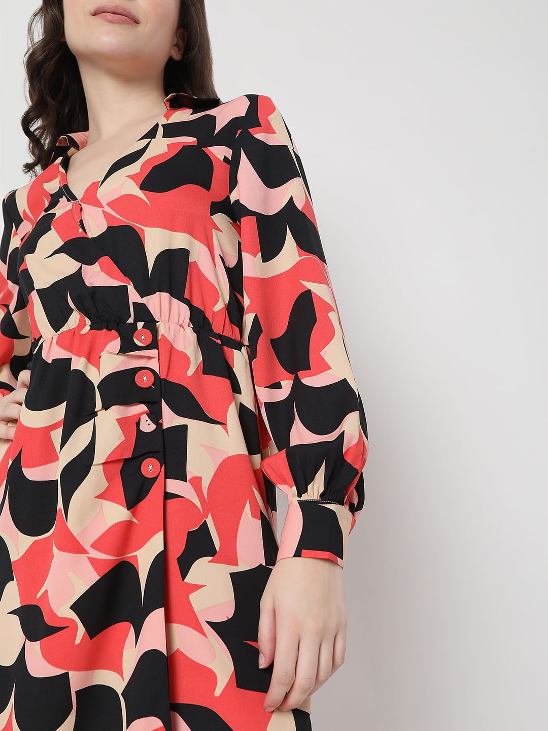 Beige Abstract Print Fit & Flare Dress