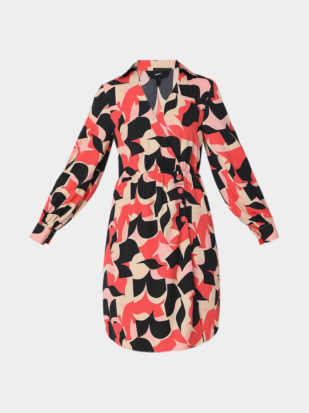 Beige Abstract Print Fit & Flare Dress