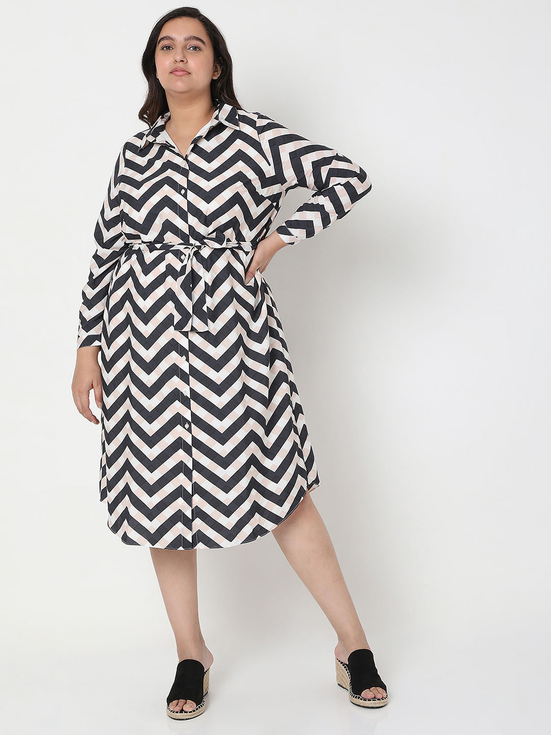 Curve Black Chevron Print Shirt Dress
