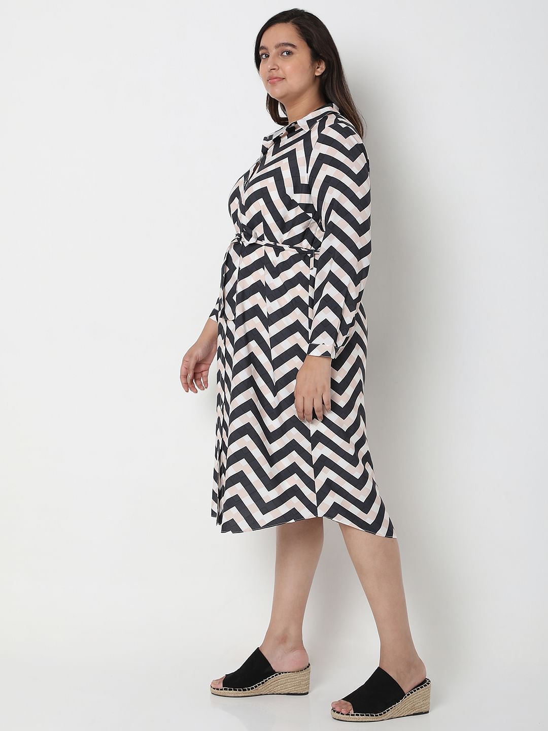 Curve Black Chevron Print Shirt Dress