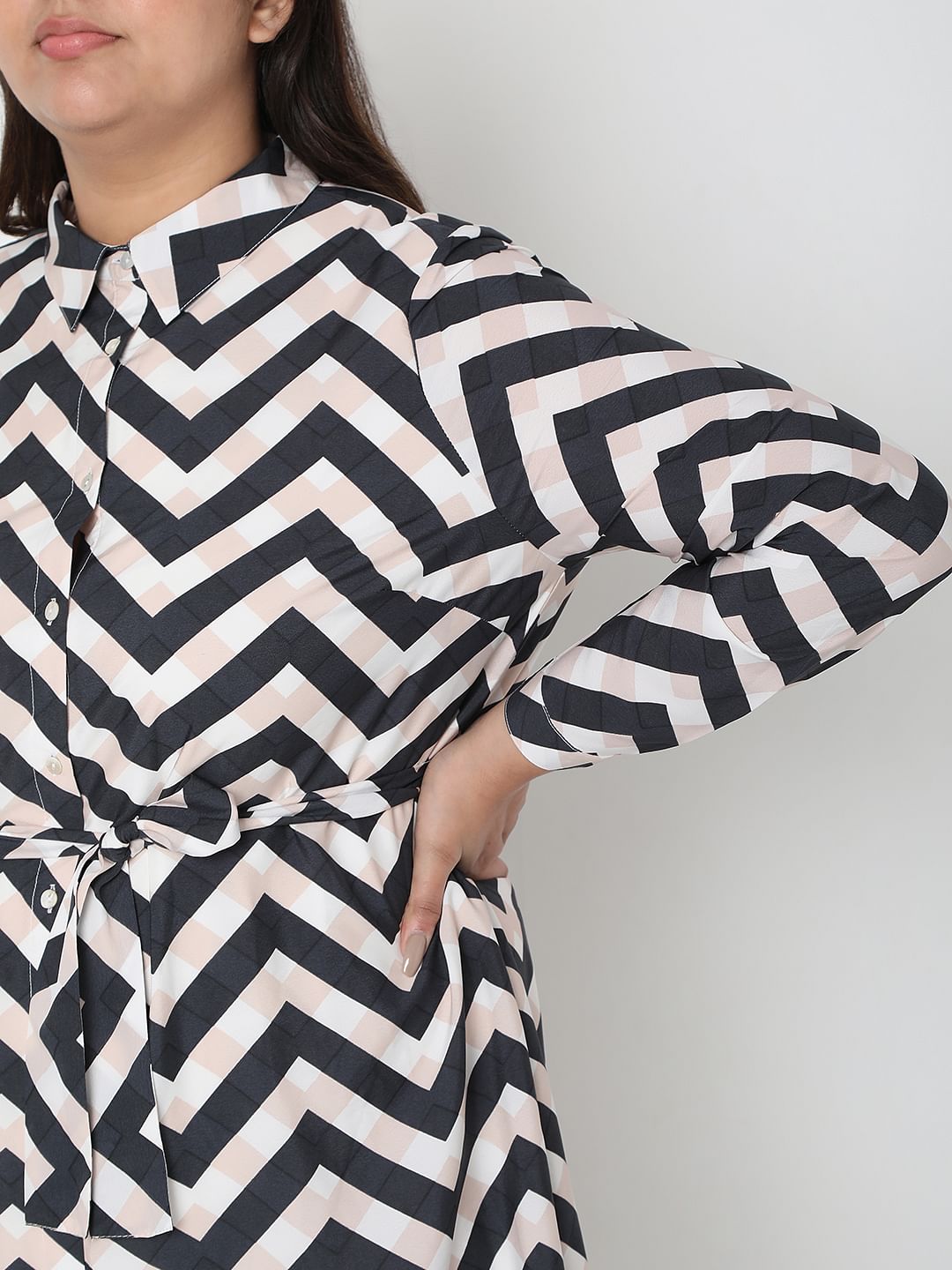 Curve Black Chevron Print Shirt Dress