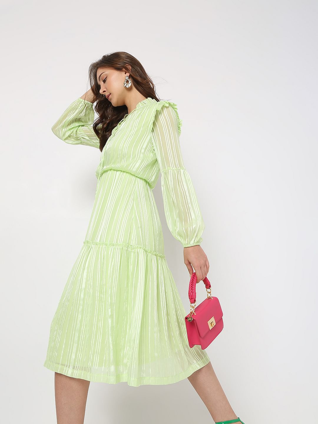 Green Lurex Tiered Midi Dress