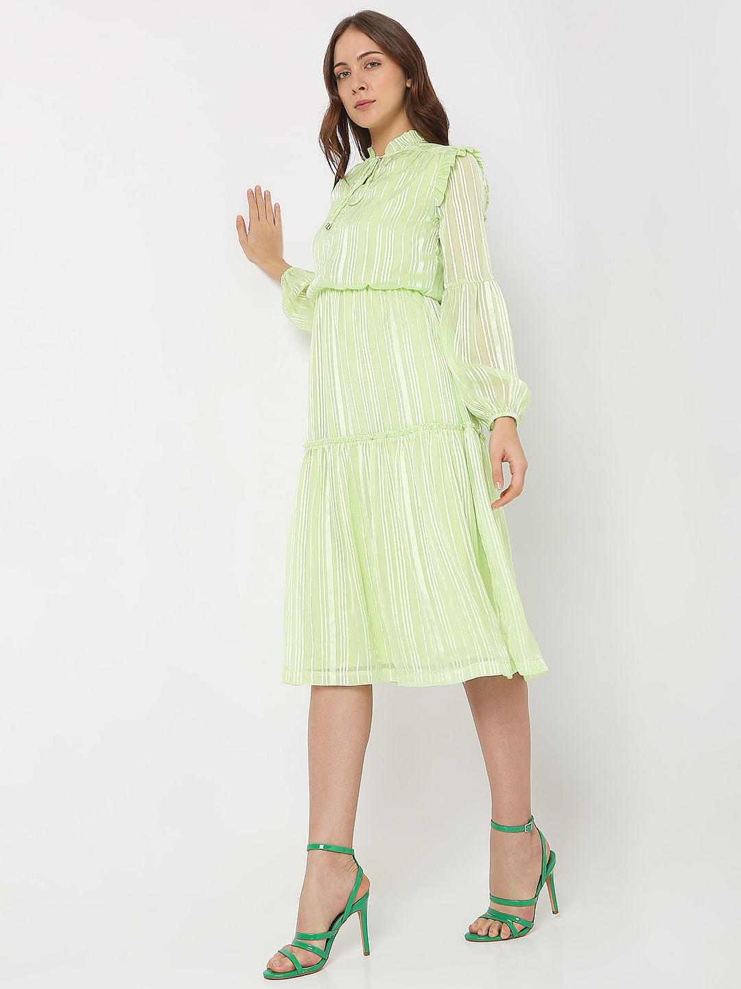 Green Lurex Tiered Midi Dress