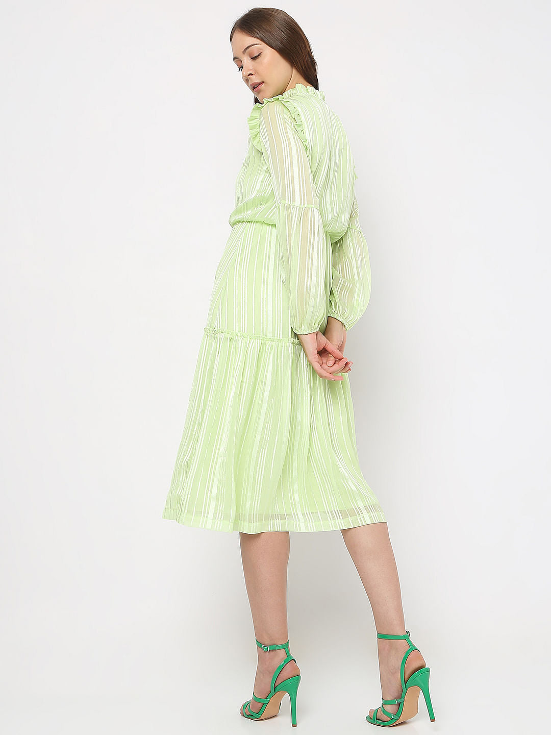 Green Lurex Tiered Midi Dress